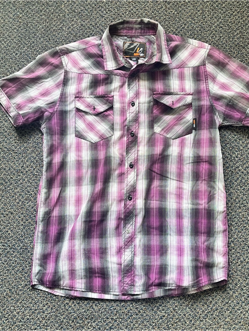 Amplify Men's Short Sleeve Plaid Button-Down Shirt - Purple & Black